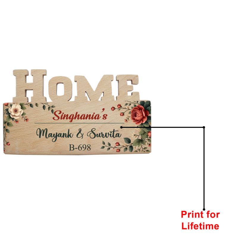 Personalized Wooden Home Name Plate with Floral Theme for Main Door | Custom With Name & House Number | Welcome Sign for Door, Flat, New Home & Housewarming Gift